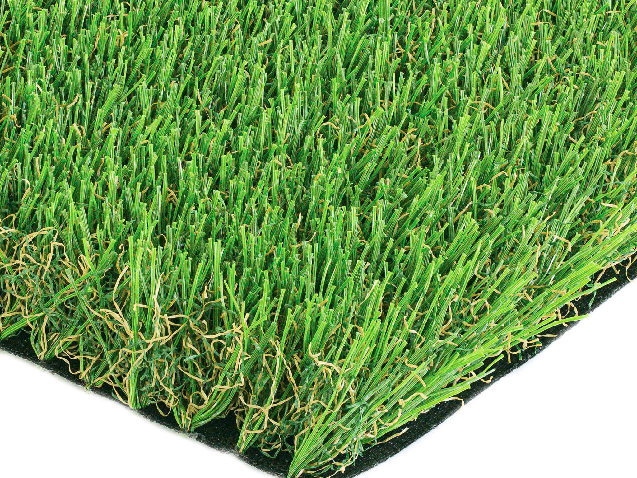 Synthetic grass, close view, M-shape blades, green and brown thatching, Emerald Green, Lime Green color turf.